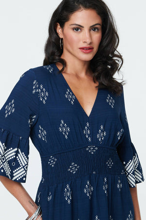 Navy | Border Print Relaxed Knee Length Dress