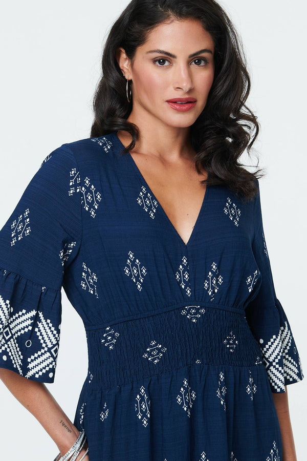 Navy | Border Print Relaxed Knee Length Dress