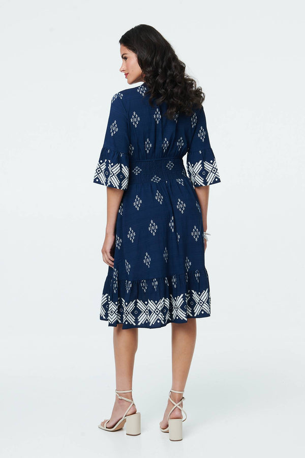 Navy | Border Print Relaxed Knee Length Dress