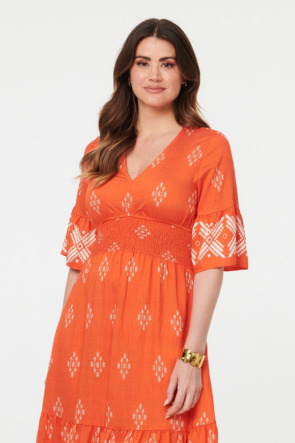Orange | Border Print Relaxed Knee Length Dress