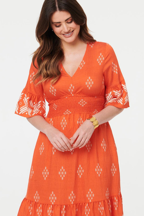 Orange | Border Print Relaxed Knee Length Dress