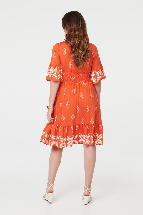 Orange | Border Print Relaxed Knee Length Dress