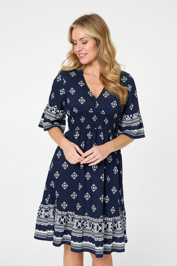 Navy | Border Print V-Neck Knee Length Dress
