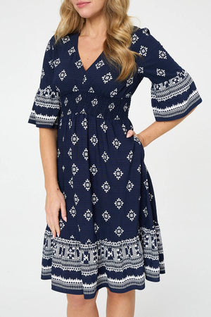 Navy | Border Print V-Neck Knee Length Dress