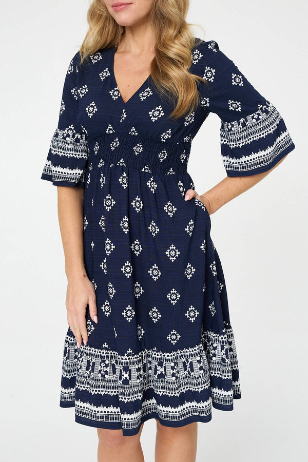 Navy | Border Print V-Neck Knee Length Dress