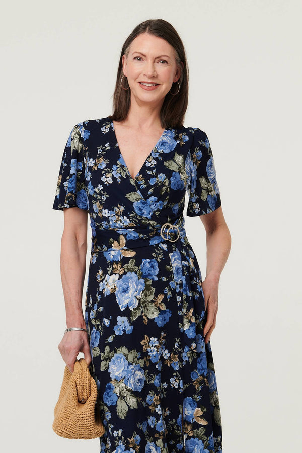Navy | Floral Angel Sleeve Wrap Midi Dress