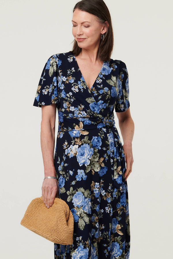 Navy | Floral Angel Sleeve Wrap Midi Dress
