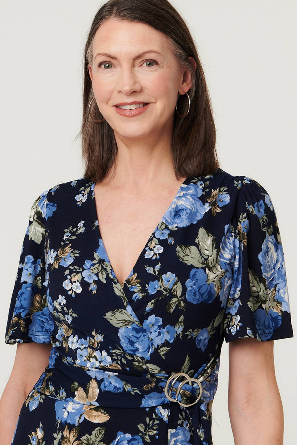 Navy | Floral Angel Sleeve Wrap Midi Dress