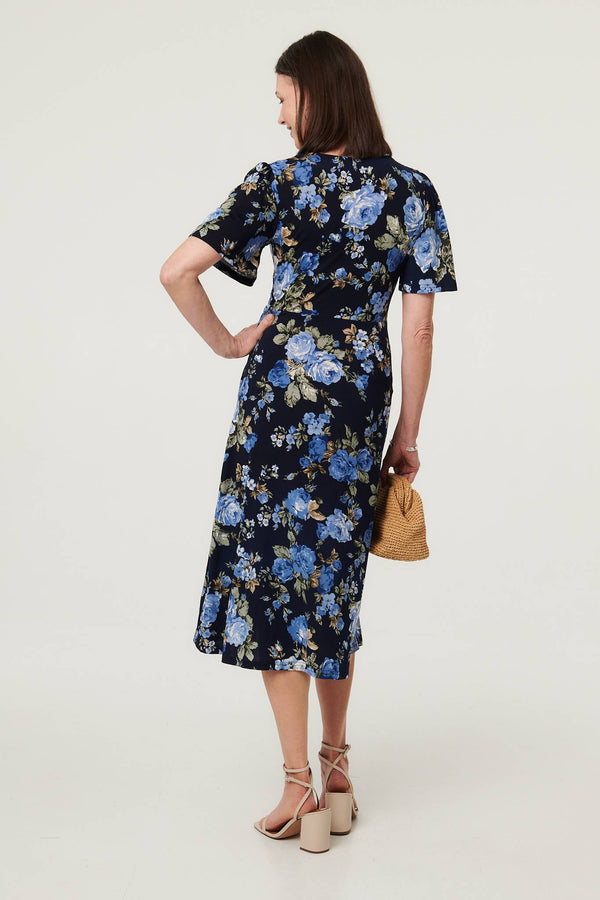 Navy | Floral Angel Sleeve Wrap Midi Dress