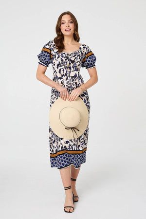 Navy | Floral Border Puff Sleeve Midi Dress