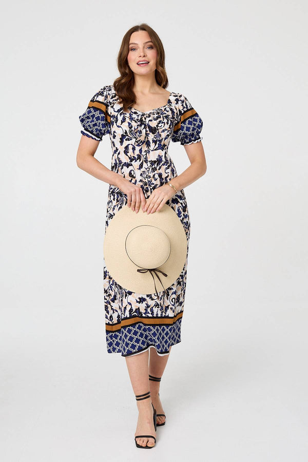 Navy | Floral Border Puff Sleeve Midi Dress