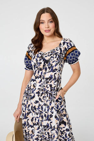 Navy | Floral Border Puff Sleeve Midi Dress