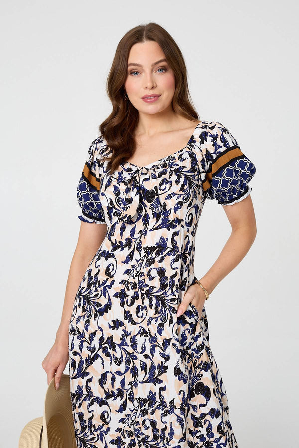 Navy | Floral Border Puff Sleeve Midi Dress