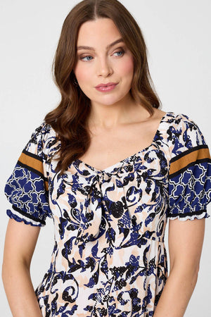 Navy | Floral Border Puff Sleeve Midi Dress