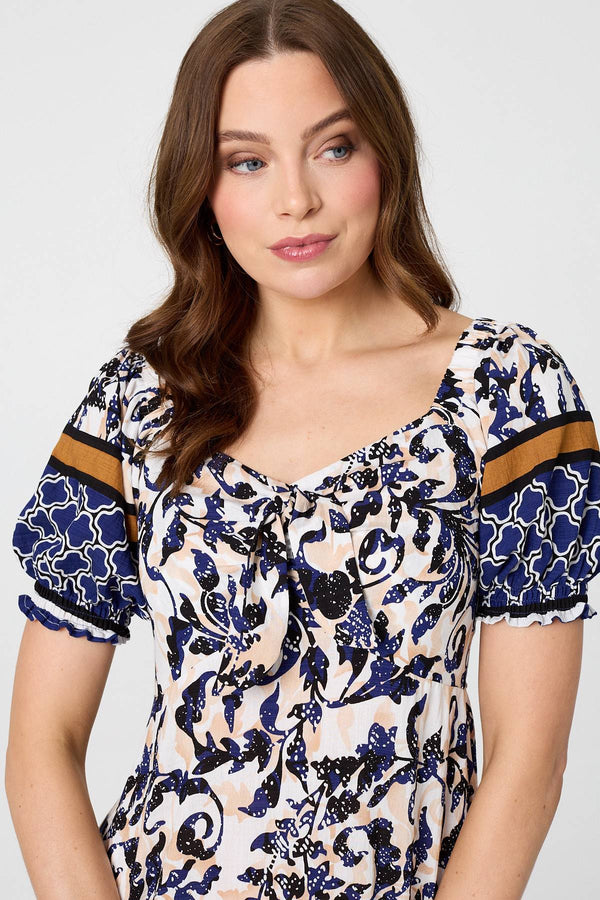 Navy | Floral Border Puff Sleeve Midi Dress