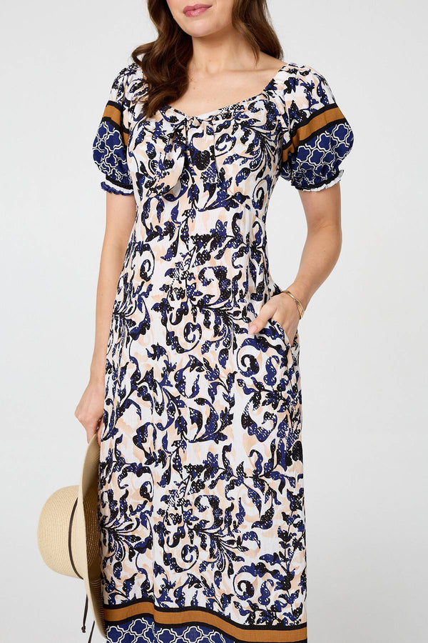 Navy | Floral Border Puff Sleeve Midi Dress