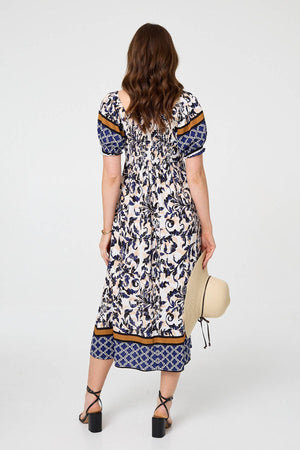 Navy | Floral Border Puff Sleeve Midi Dress
