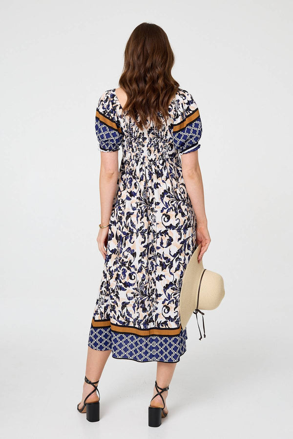 Navy | Floral Border Puff Sleeve Midi Dress