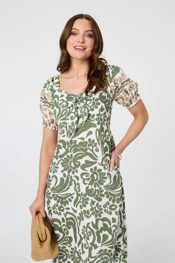 Khaki | Printed Tie Front Puff Sleeve Midi Dress