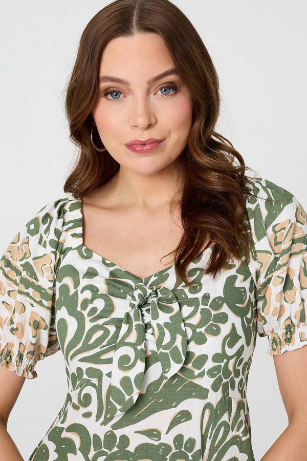Khaki | Printed Tie Front Puff Sleeve Midi Dress