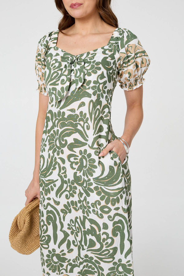 Khaki | Printed Tie Front Puff Sleeve Midi Dress
