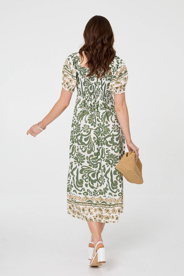 Khaki | Printed Tie Front Puff Sleeve Midi Dress