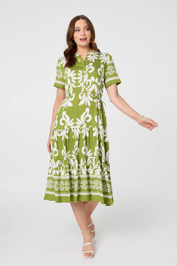 Green | Abstract Short Sleeve Tiered Midi Dress