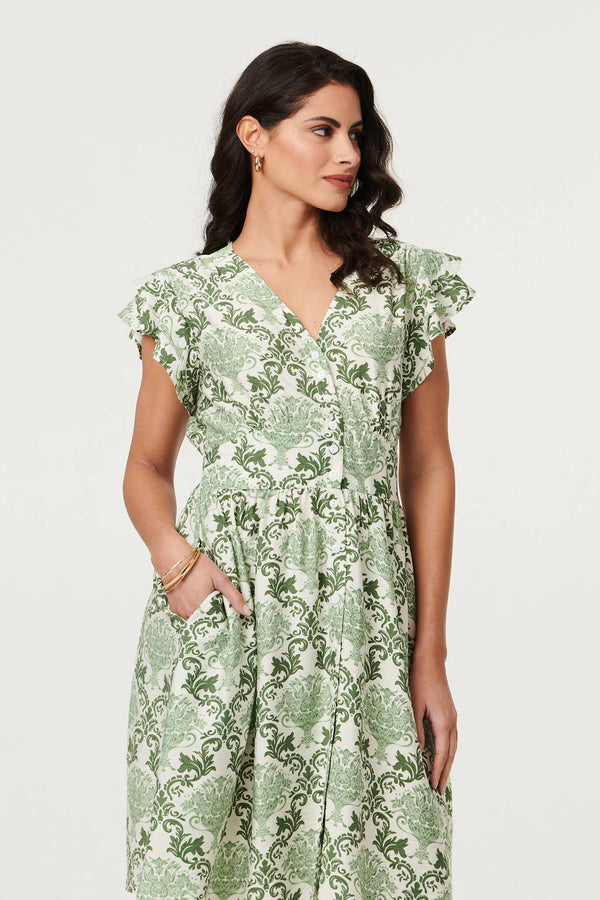 Green | Printed Frill Sleeve Knee Length Dress