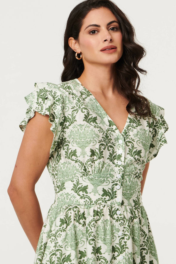 Green | Printed Frill Sleeve Knee Length Dress