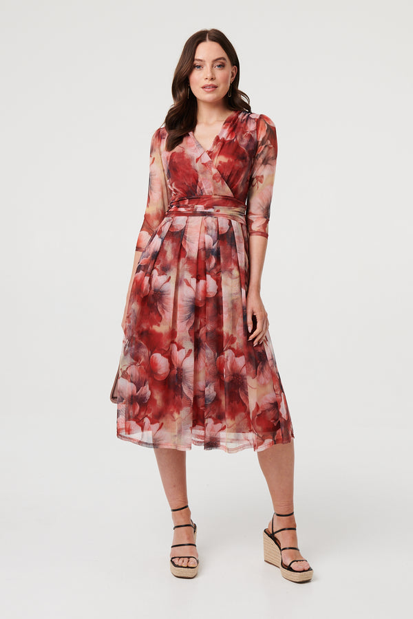 Rust | Floral 3/4 Sleeve Mesh Midi Wrap Dress