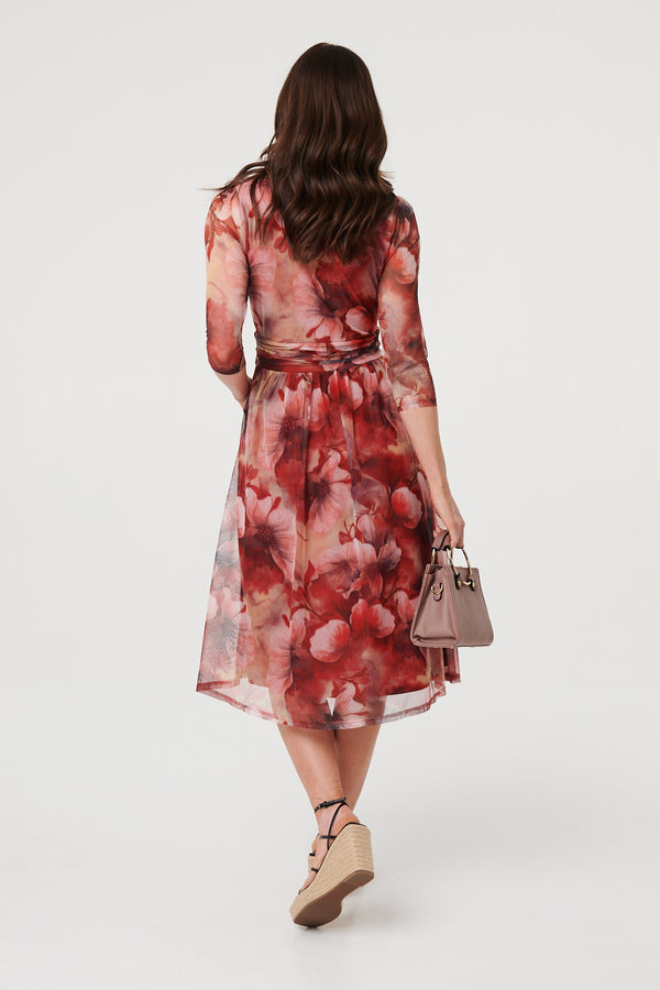 Rust | Floral 3/4 Sleeve Mesh Midi Wrap Dress