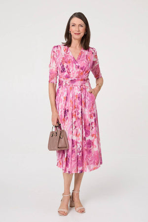 Pink | Printed Mesh Layer Pleat Wrap Midi Dress