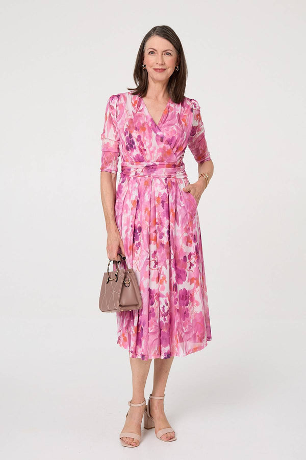Pink | Printed Mesh Layer Pleat Wrap Midi Dress