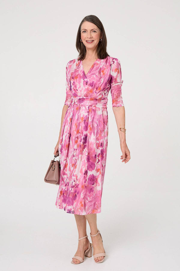Pink | Printed Mesh Layer Pleat Wrap Midi Dress