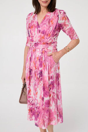 Pink | Printed Mesh Layer Pleat Wrap Midi Dress