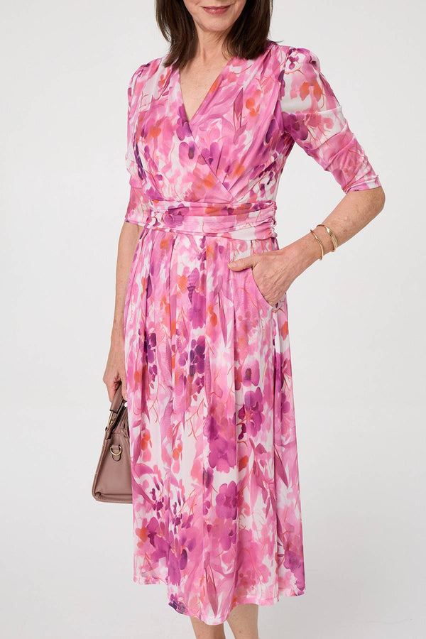 Pink | Printed Mesh Layer Pleat Wrap Midi Dress