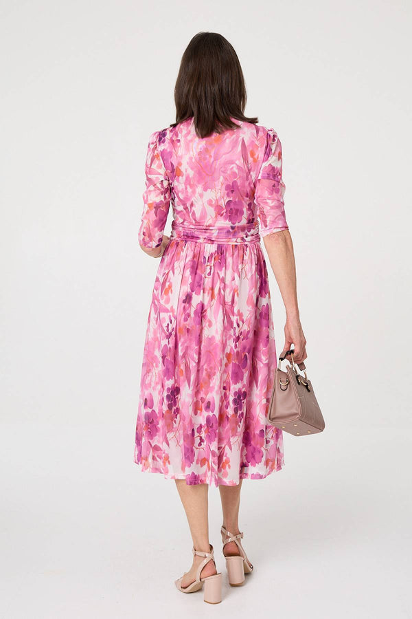 Pink | Printed Mesh Layer Pleat Wrap Midi Dress