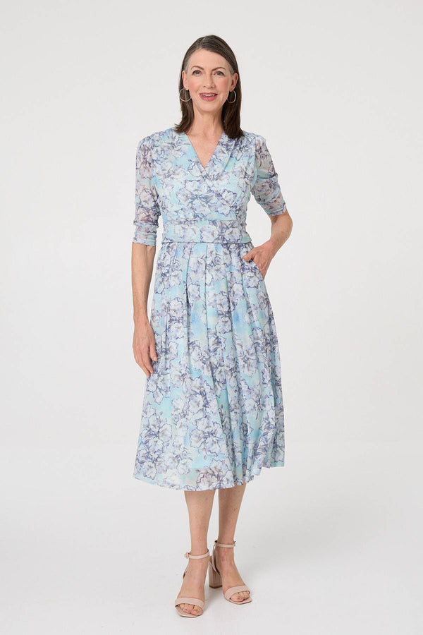Blue | Printed Mesh Texture Midi Wrap Dress