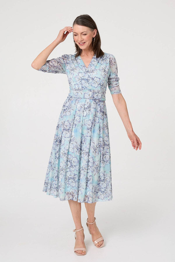 Blue | Printed Mesh Texture Midi Wrap Dress