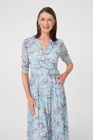 Blue | Printed Mesh Texture Midi Wrap Dress