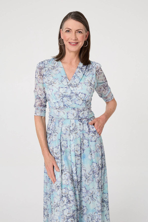 Blue | Printed Mesh Texture Midi Wrap Dress