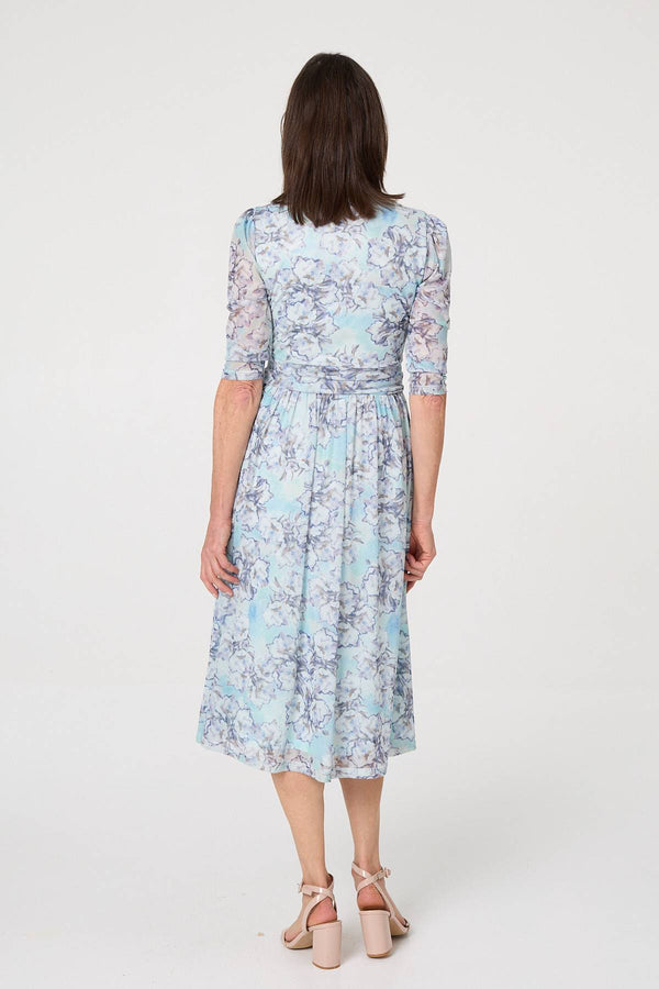 Blue | Printed Mesh Texture Midi Wrap Dress