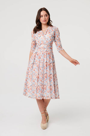 Orange | Floral 3/4 Sleeve Pleat Midi Wrap Dress