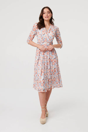 Orange | Floral 3/4 Sleeve Pleat Midi Wrap Dress