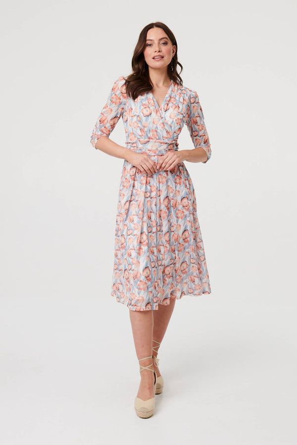 Orange | Floral 3/4 Sleeve Pleat Midi Wrap Dress