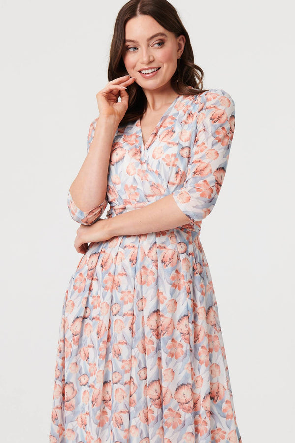 Orange | Floral 3/4 Sleeve Pleat Midi Wrap Dress