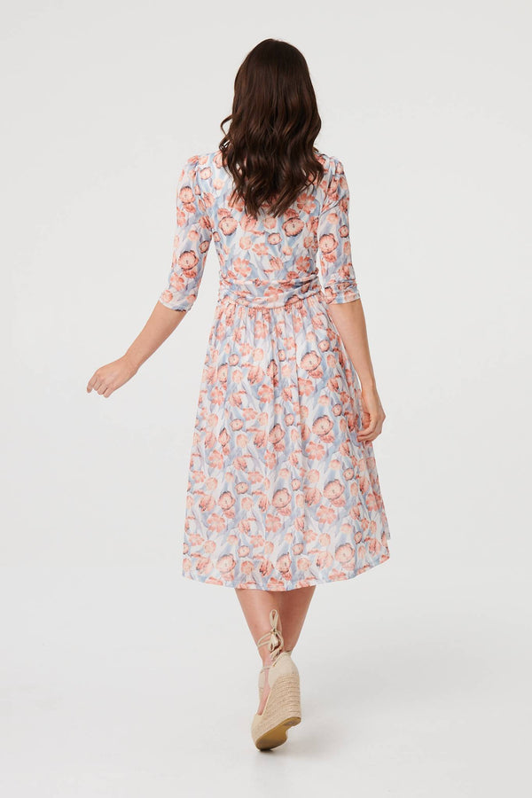 Orange | Floral 3/4 Sleeve Pleat Midi Wrap Dress