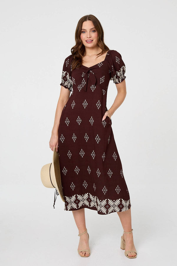 Brown | Border Print Puff Sleeve Midi Dress : Model is 5'9"/175 cm and wears UK8/EU36/US4/AUS8