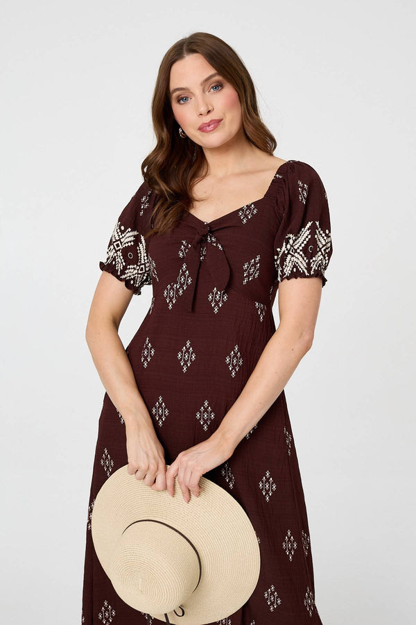 Brown | Border Print Puff Sleeve Midi Dress