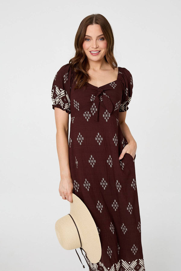 Brown | Border Print Puff Sleeve Midi Dress